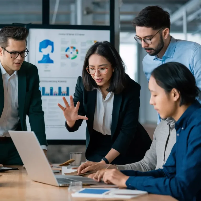 A team of professionals collaborating and discussing work around a laptop in a meeting room